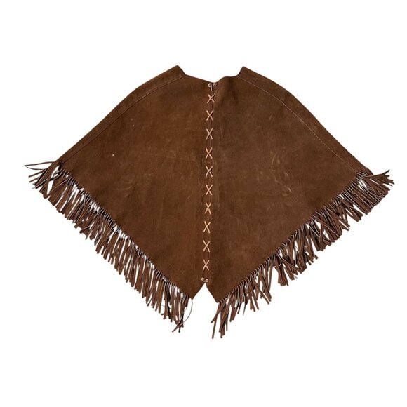Vintage Suede Leather Poncho Western Brown Fringe Handmade Unisex Southwestern - Picture 3 of 10